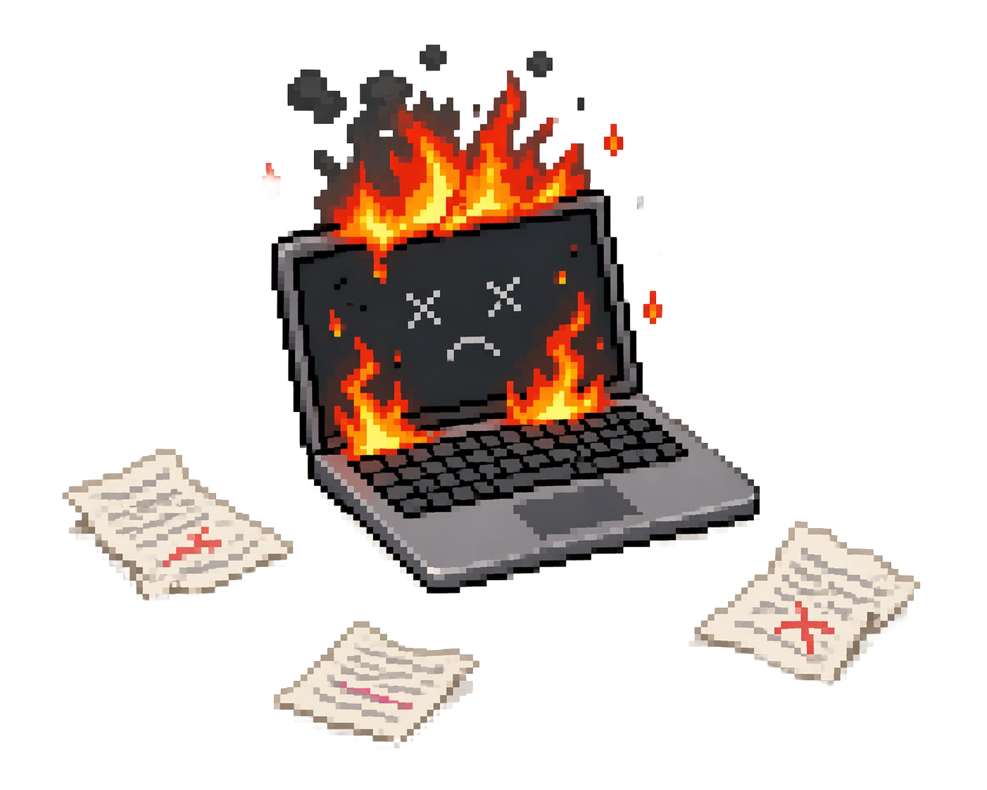 Burning laptop with scattered CVs — hiring chaos illustration